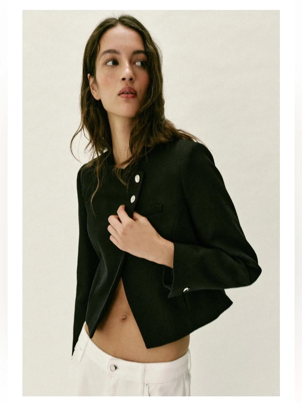 Zara Classic Black Cropped Jacket with Pearl Buttons
